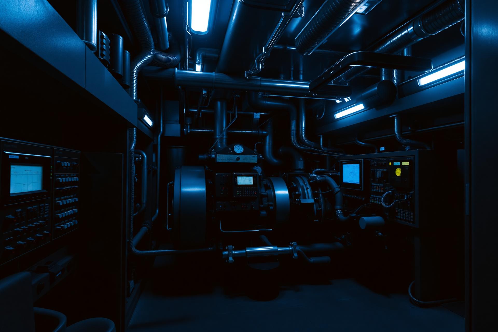 Ship engine room with automation panels
